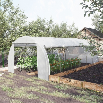 Outsunny Large Walk-in Greenhouse, 20'x10'x6' Tunnel Greenhouse with Zippered Door and 12 Roll-up Windows, White
