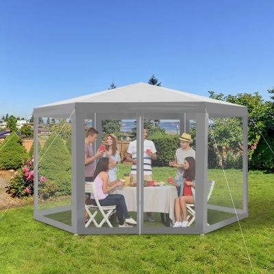 Outsunny Netting Gazebo Hexagon Patio Outdoor Party Activities Waterproof Beige