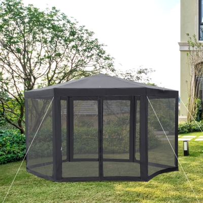 Outsunny Φ13' Hexagon Patio Gazebo Tent Garden Party Outdoor Activity Event Canopy Quick Sun Shelter Pavilion with Netting Mesh Sidewall Dark Grey