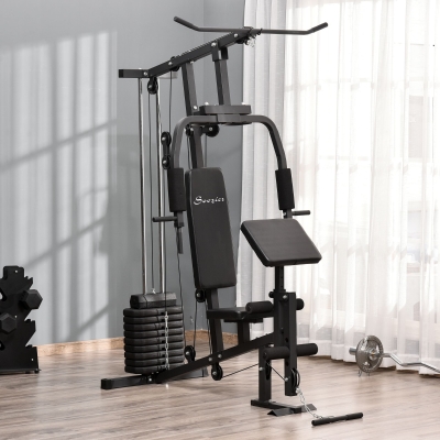 Soozier Multifunction Home Power Exercise Gym System Weight Training Exercise Workout Station Fitness Strength Machine, Black