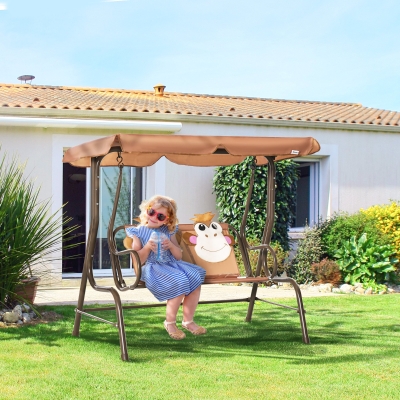 Outsunny 2-Seat Kids Canopy Swing, Children Outdoor Patio Lounge Chair, for Garden Porch, with Adjustable Awning, Seat Belt, Monkey Pattern, for 3-6 years old, Coffee