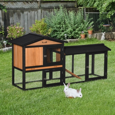 PawHut 69" Wooden Rabbit Hutch Pet Playpen Bunny House Enclosure with Run Box, Slide-out Tray, Ramp, for Rabbits and Small Animals, Black