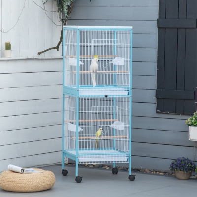 PawHut 55 Inches 2 In 1 Bird Cage Aviary Parakeet House for finches, budgies with Wheels, Slide-out Trays, Wood Perch, Food Containers, Light Blue