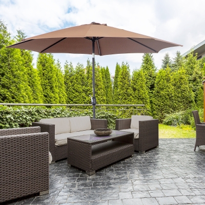 Outsunny 10'x 8' Steel Frame Round Market Patio Sun Umbrella Garden Parasol Outdoor Sunshade Canopy, Coffee