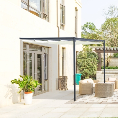 Outsunny 10'x10' Outdoor Pergola Gazebo with Retractable Canopy & Metal Frame & PA Coated Sun Shelter Door Porch Cover, Cream White