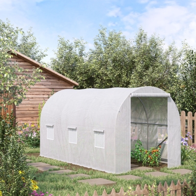 Outsunny 11.5x6.6x6.6ft Walk-in Tunnel Greenhouse Portable Garden Plant Growing Warm House with Door and Ventilation Window, White