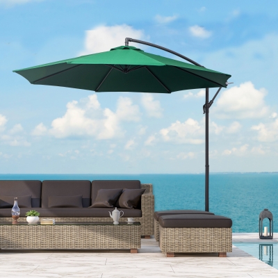 Outsunny Φ10' Deluxe Patio Umbrella Outdoor Market Parasol Banana Hanging Offset Sunshade Crank Cross Base Dark Green