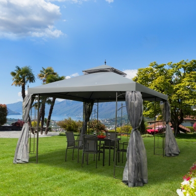 Outsunny 10' x 10' Steel Outdoor Patio Gazebo Canopy with Removable Mesh Curtains, Display Shelves, & Steel Frame, Grey