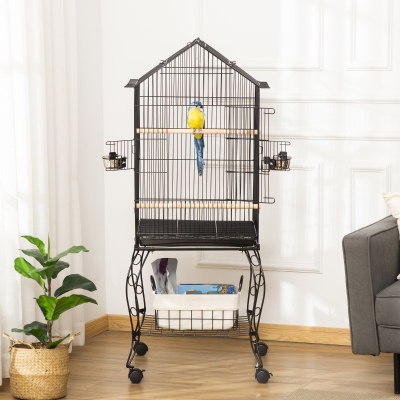 PawHut Bird Cage 57 Inch Flight Cage for Finch Canary Budgie with Rolling Stand, Pull Out Tray, Storage Shelf, Open Top