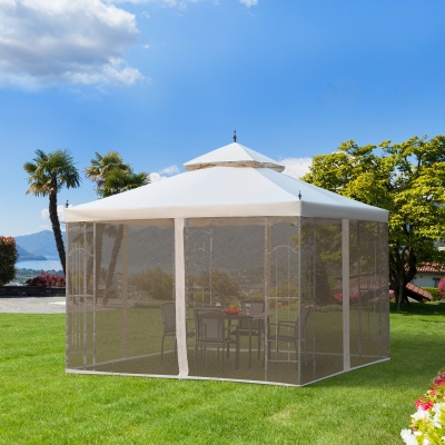 Outsunny 10' x 10' Steel Outdoor Patio Gazebo Canopy with Removable Mesh Curtains, Display Shelves, & Steel Frame, Cream White