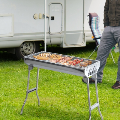 Outsunny 28.75" Portable Folding Stainless Steel Charcoal BBQ Grill for Outdoor Camping Backyard Cook, Silver