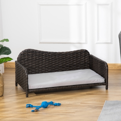 PawHut Rattan Pet Sofa, Raised Wicker Dog Bed, Cat Couch, with Soft Washable Cushion Indoor & Outdoor for Small & Medium Dog, Charcoal Grey