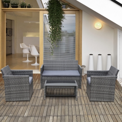 Outsunny 4 pcs Rattan Garden Furniture Set, Outdoor Patio Conversation Sofa Set with 2-seater Chairs & Tempered Glass Coffee Table, Grey