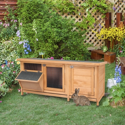 PawHut Wooden Rabbit Hutch Bunny Cage Guinea Pig House Outdoor with Sliding Out Tray, Openable Roof, Feeding Trough, Yellow