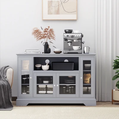 HOMCOM Gray Sideboard Buffet Cabinet with Glass Doors