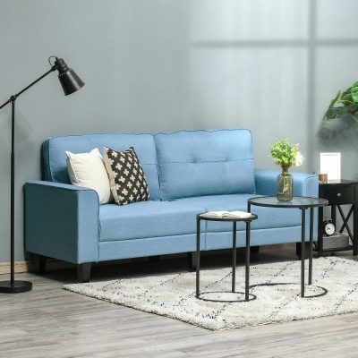 HOMCOM Mid-Century Loveseat Sofa with Upholstered Seat, Button-Tufted Back Cushion, Linen Fabric 2 Seater Couch with Arms and Rubber Wood Legs for Living Room, Bedroom Blue