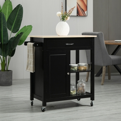 HOMCOM Kitchen Trolley, Wood Top Utility Cart on Wheels with Open Shelf & Storage Drawer for Dining Room, Kitchen, Black