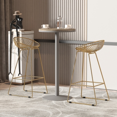 HOMCOM Counter Bar stools Set of 2, Modern Tall Bar Chairs for Kitchen with Backrest and Footrest, Steel Frame, Gold
