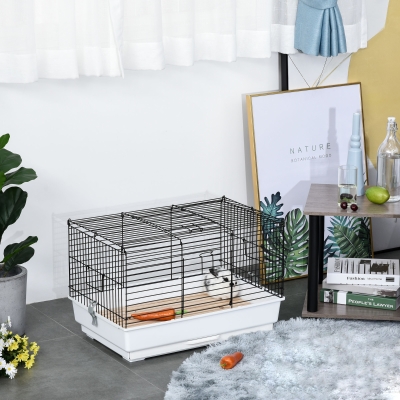 PawHut Small Animal Cage Habitat Pet Play House for Small Rabbit Bunny Guinea Pig Pet Mink Chinchilla with Sliding-out Tray Bottom Wood Board White and Black