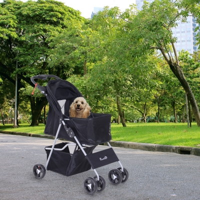 PawHut Pet Stroller Foldable Carrier for Cat, Dog and More 4 Wheels Travel Jogger with Cup Holder, Storage Basket, 360 ° swiveling front wheels, One Push Button- Fold, Black