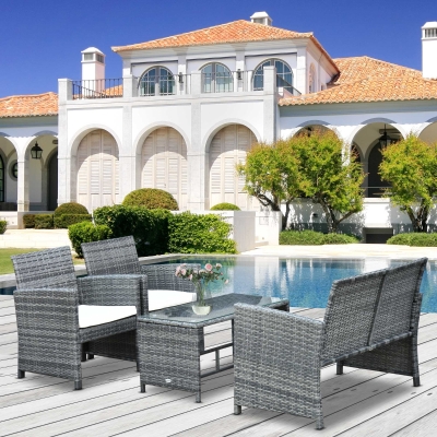 Outsunny 4Pcs Rattan Sofa Set Patio Wicker Furniture Garden Lawn Chair with Table & Cushion