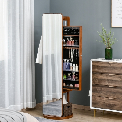 HOMCOM Full Length Mirror with Jewelry Cabinet, Hanging Cloth Bar, Coat Rack, 360° Rotate Floor Mirror for Bedroom, Living Room, Light Walnut