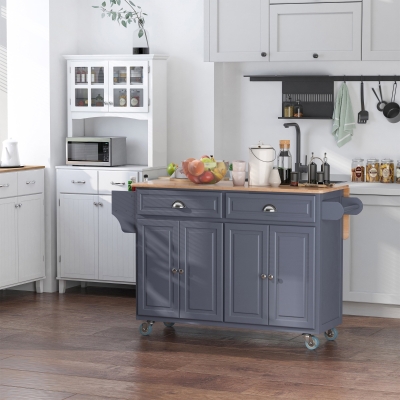 HOMCOM Rolling Kitchen Island on Wheels Ultility Cart with Drop-Leaf and Rubber Wood Countertop, Storage Drawer, Door Cabinet, Grey