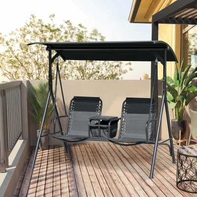 Outsunny 2-Seat Outdoor Swing with Canopy & Storage Table, Black