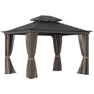 Outsunny 12'x10' Hardtop Gazebo with Aluminum Frame, Permanent Metal Roof Gazebo Canopy with Curtains and Netting for Gardens, Patios, Backyards, Dark Brown