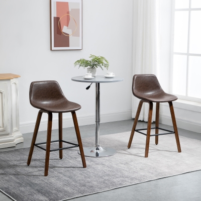 HOMCOM Counter Height Bar stools Set of 2 Mid-Back PU Leather Bar Chairs with Wood Legs, Brown