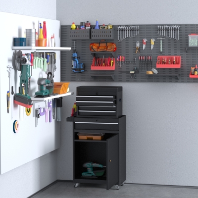 DURHAND Rolling Tool Cabinet 2 in 1 Top Chest Storage Box 5 Drawers with Pegboard and Adjustable Shelf, Black