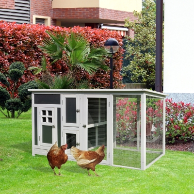PawHut 63" Chicken Coop Wooden Hen House Rabbit Hutch Poultry Cage Pen Outdoor Backyard with Nesting Box and Run Small Animal Cage PC Roof Grey