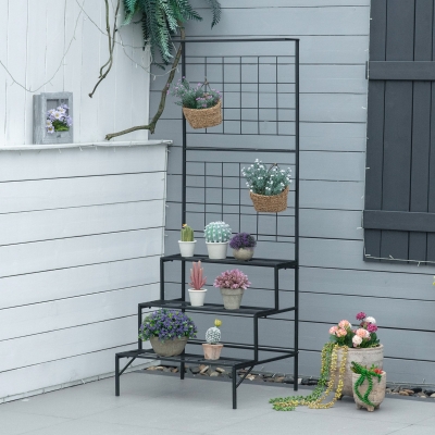 Outsunny 3-Tier Hanging Plant Stand with Grid Panel, Planter Shelves Flower Pot Organizer Rack, Multiple Flower Pot Display Holder Shelf