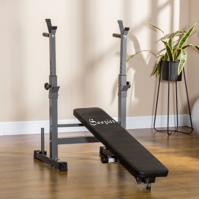 Soozier Adjustable Weight Bench, Foldable Bench Press with Barbell Rack and Dip Station for Home Gym, Strength Training Multiuse Workout Bench