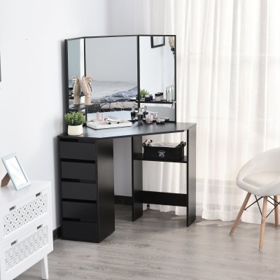 HOMCOM Corner Vanity Table, Makeup Desk with Three-Fold Mirror and 5 Drawers, Black