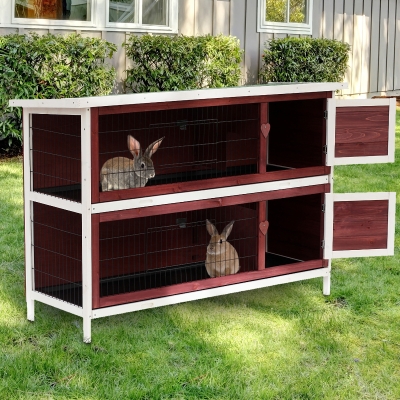 PawHut 54"x20”x37” 2 Storage Large Elevated Wooden Rabbit Hutch Yard Bunny Cage w/ Run and Tray
