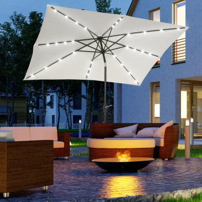 Outsunny 9' Patio Umbrella with Crank, Solar LED Lights, White