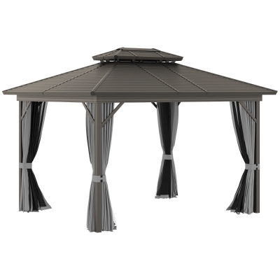 Outsunny 12'x 10' 2-Tier Roof Steel Hardtop Aluminum Permanent Gazebo with Mesh Net and Privacy Sidewalls