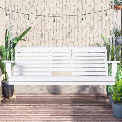 Outsunny 3-Seater Wooden Porch Swing, White with Table & Cup Holders