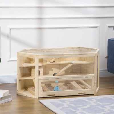 PawHut Wooden Large Hamster Cage Mouse Rats Small Animal Exercise Play House 3 Tier with Slide Activity Center