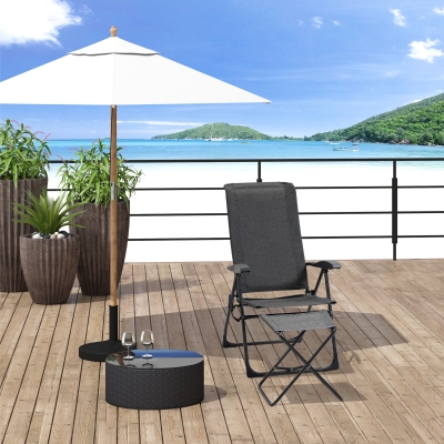 Outsunny 2pcs Outdoor Sun Lounger with Footrest, Adjustable Folding Steel Chaise Reclining Lounge Chair with Storage Pocket, Black Grey