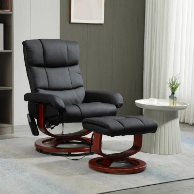 HOMCOM Faux Leather Swivel Recliner Chair with Ottoman, Black