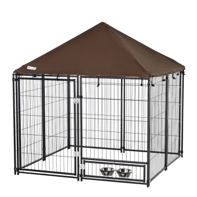 PawHut Outdoor Dog Kennel, Puppy Play Pen with Canopy Garden Playpen Fence Crate, Enclosure Cage w/ Rotating Bowl, 55.5" x 55.5" x 48", Black