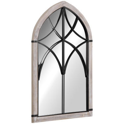 HOMCOM 36.5" x 23.5" Farmhouse Wall Mirror, Arch Window Mirror for Wall, Rustic Wood Grain