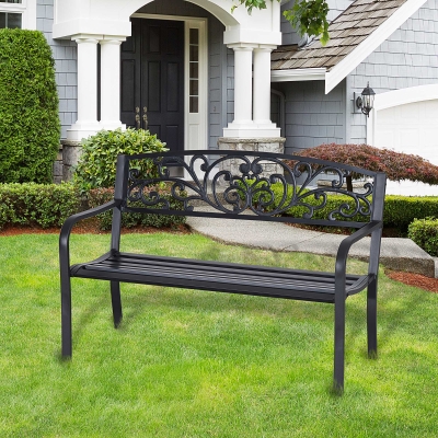 Outsunny 50" 2-Seater Garden Bench Chair, Outdoor Blossoming Pattern Garden Decorative Loveseat Bench for Yard, Lawn, Porch, Black