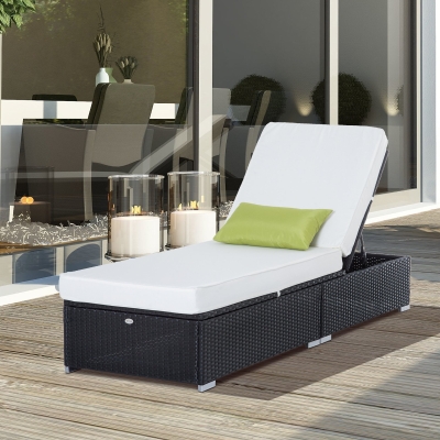Outsunny Patio Wicker Lounger, Outdoor PE Rattan Single Chaise Lounge, Aluminum Frame Garden Furniture Sun Lounger Bed with Adjustable Recliner Backrest, Cream