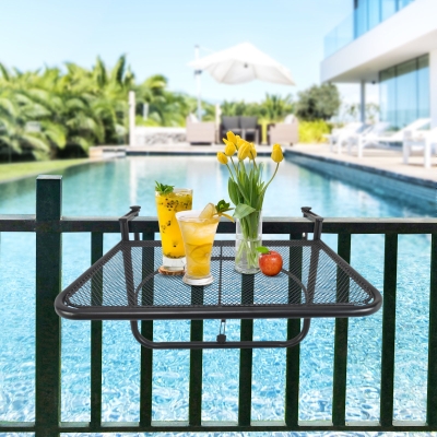 Outsunny Adjustable Balcony Hanging Rail Table Metal Mounting Mini Wall Desk Outdoor Flower Stand Serving Table Drink Holder Rectangle Black