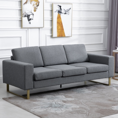 HOMCOM Modern Three Seat Sofa Padded Couch Linen Upholstered Steel Leg Grey