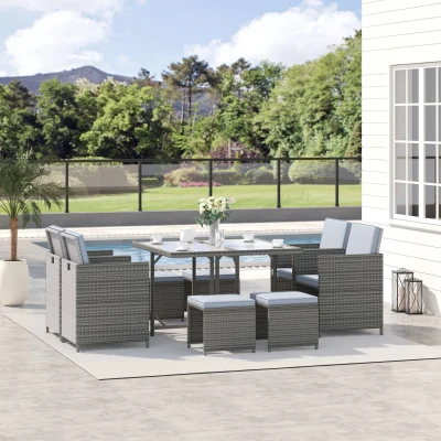 Outsunny 9-Piece Outdoor Wicker Dining Set with Cushions - Gray