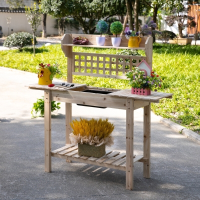 Outsunny 39'' x 18'' x 55'' Wooden Garden Potting Table with Clapboard Plant Work Bench Workstation Outdoor, Natural